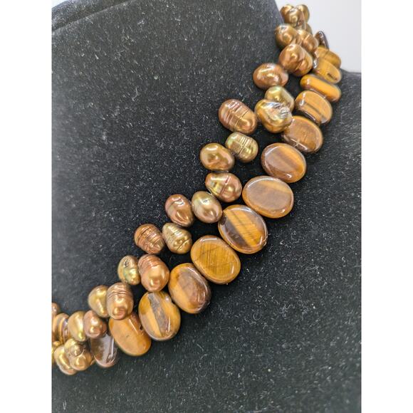 Tigers Eye & Pearl Necklace With Sterling Adjustable Clasp 18" - Picture 2 of 5